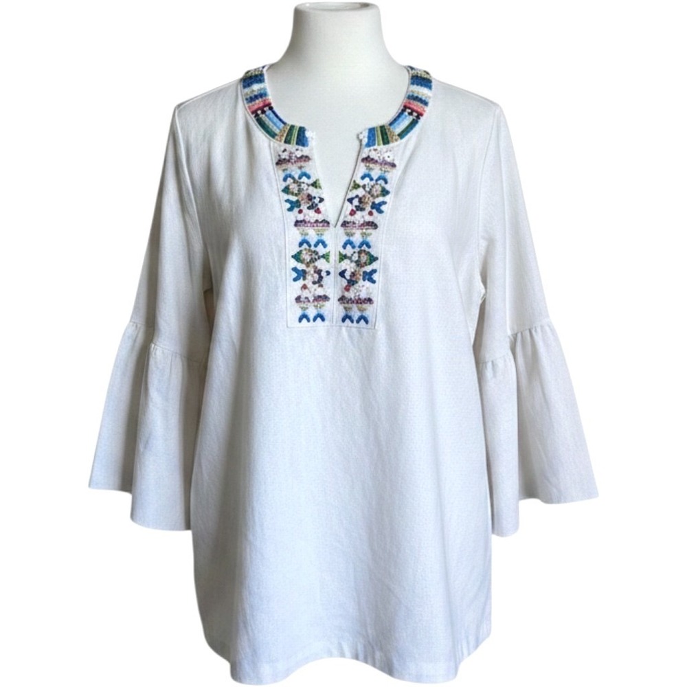 Peck‎ Shirt Medium White Linen Blend Embroidered Fish Sequin Bell Flare